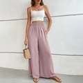 Pantalon large taille haute pour femme en rose poudré avec taille élastique froncée et texture - Rose