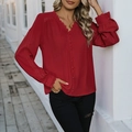 Blusa casual de mujer roja con manga larga y detalles de encaje y cuello en V elegante - S / Rojo