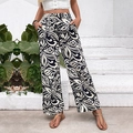 Pantaloni estivi a vita alta a gamba larga con stampa floreale vintage bianca e nera - M / Nero