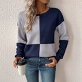 Women's crewneck colorblock knit sweater featuring textured dark blue and grey check patterns - Navy Blue