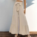 Pantalón beige de talle alto con cinturón elástico de lazo y dobladillo con volantes - S / Albaricoque