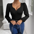 Eleganter schwarzer Langarm-Body mit Mesh-Patchwork und V-Ausschnitt für Damen - S / Schwarz