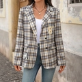 Women's plaid blazer with number 87 patch and single-breasted buttons in preppy style - S / Coffee Brown