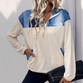 Felpa da donna a maniche lunghe con design color block e mezza zip in maglia a coste - S / Bianco Sporco