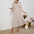 Elegante vestido largo beige de manga larga con cuello en V y cinturón de hebilla a juego - S / Albaricoque