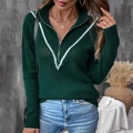 Deep green knit sweater with a quarter-zip collar and white V-shaped jacquard stripes - L / Dark Green