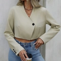 Chaqueta blazer beige corta con cuello en V cruzado y botones negros para mujer - S / Albaricoque