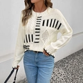 Women's cream knit sweater with black geometric stripes and street style aesthetic - S / Off White