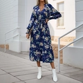 Donkerblauwe maxi-jurk met bloemenprint, V-hals, lange mouwen en zijsplit dames - S / Marineblauw
