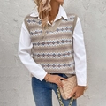 Gilet en tricot pour femme avec motifs Fair Isle géométriques sur chemise blanche - S / Kaki
