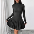 Vestido negro de punto con manga larga, cuello alto y falda de burbuja voluminosa - S / Negro