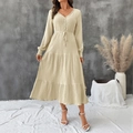 Vestido largo beige elegante con cuello en V y manga larga con falda de capas bohemia - S / Albaricoque
