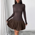 Vestido marrón de manga larga con top de punto acanalado y falda abullonada - S / Marrón