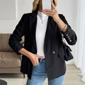 Women's black casual blazer suit with high neck white knit sweater and blue jeans - S / Black