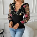 Women's black V-neck top with floral embroidery and sheer long puff sleeves - S / Black