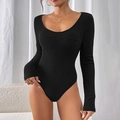 Body noir à manches longues en maille côtelée avec coutures style corset pour femmes - S / Noir