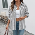 Women's casual black and white striped button-down shirt with lapel collar and long sleeves - S / Tops / Black and White