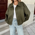 Damen Olivegrüne Wildlederimitat-Jacke mit Reverskragen und lässiger, lockerer Silhouette - L / Armeegrün