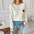 Chic cream knit sweater with red heart jacquard and classic crew neck for women - S / White