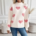 Jersey oversize de punto crema para mujer con grandes corazones rosas y cuello alto - S / Rosa Claro