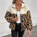Giacca in pile patchwork leopardata da donna con collo alto e chiusura a zip - S / Patchwork Leopardato Albicocca