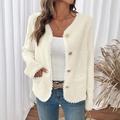 Schicke cremefarbene Fleece-Strickjacke für Damen mit Spitzenbesatz und Goldknöpfen - S / Gebrochenes Weiß
