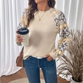 Top da donna in maglia a nido d'ape color crema con maniche raglan etniche - S / Cachi