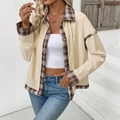 Dames beige corduroy jasje met vintage geruite patchwork kraag en manchetten - S / Abrikoos