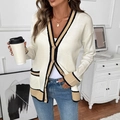 Women's V-neck knit cardigan with contrast stripes and button-front loose fit design - S / Off White