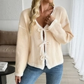 Chic beige knit cardigan with white bow tie closures and contrast ribbed trim - S / Khaki