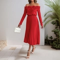 Elegant red off-shoulder pleated dress with ruffle neckline and long sleeves - S / Red