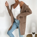 Cardigan in maglia marrone da donna con trama a coste e tasche laterali, stile casual - Kaki