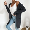 Cardigan lungo da donna grigio scuro in maglia a coste con cappuccio e apertura frontale - Grigio nero