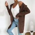 Cardigan lungo da donna in maglia a costine marrone scuro con tasche stile casual - marrone mokka
