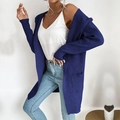 Cardigan da donna in maglia a coste blu scuro con vestibilità lunga e tasche laterali - Blu nebbia