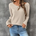 Chique abrikooskleurige ribgebreide top met lange mouwen en casual ronde hals - S / Licht kaki