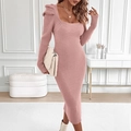 Elegant pink ribbed knit dress featuring a square neckline and puffed long sleeves - S / Pink
