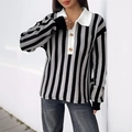 Vintage vertical striped knit polo sweater for women with white collar and button detail - S / Dark Gray
