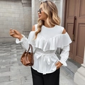 Elegantes weißes schulterfreies Top mit Rüschendetails und Bindegürtel für Damen - S / Weiß