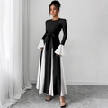 Elegante vestido largo línea A con mangas de campana en contraste y lazo de cintura - S / Blanco y Negro