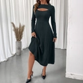 Vestido midi de punto negro ajustado con manga larga y detalle de abertura frontal - S / gris oscuro