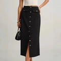 Elegant high-waist black midi skirt with vintage buttons and side flap pockets - S / Black