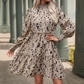 Elegant floral baby doll long sleeve tiered dress in beige with abstract black prints - S / Khaki