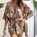 Bohemian paisley print off-shoulder playsuit for summer vacations with high waist drawstring - S / Apricot Yellow