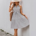 Summer halter neck striped dress with waist tie and pleated A-line skirt in navy white - S / Light Gray