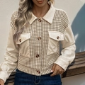 Cropped corduroy jacket with plaid patchwork and vintage buttons in beige and brown - S / Khaki