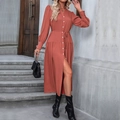 Long sleeve button-down shirt dress in burnt orange with layered hem and high slit detail - S / Brick Red