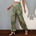 Salbeigrüne Boho-Hose mit beige geometrischen Mustern, hohem Bund und Seitenschlitz - S / Grün