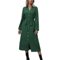 Dunkelgrünes Langarm-Plissee-Hemdkleid mit Knopfleiste vorne und passendem Bindegürtel - S / Dunkelgrün