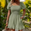 Sage green smocked romper with square neck and ruffled hem for summer casual wear - S / Green
